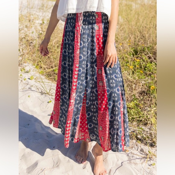 NATURAL LIFE Navy Red Mixed Print Maxi Skirt Bandana Country Coastal Boho Size S - Picture 3 of 14